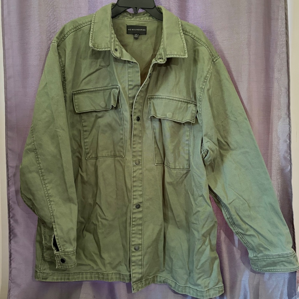 No Boundaries Mens 2XL Olive Green Cotton Twill Snap Front Utility Shirt Jacket